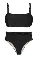 Carica l'immagine nel visualizzatore di Gallery, Product Front: Rio De Sol Completo Set Shimmer-Black Bandeau-Reto Hotpants